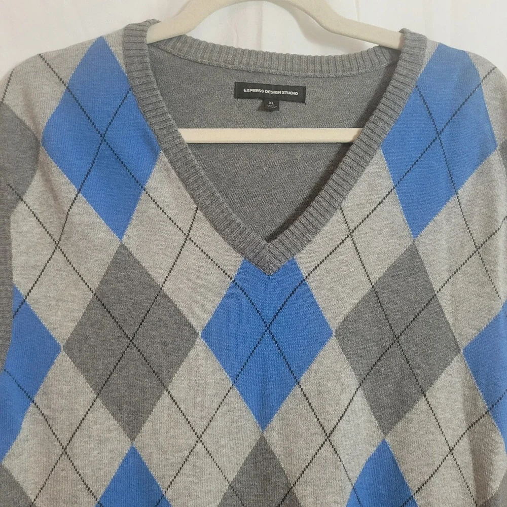 Express Men XL Argyle Sweater Vest Grey Blue Cotton Wool Blend Preppy Collegiate